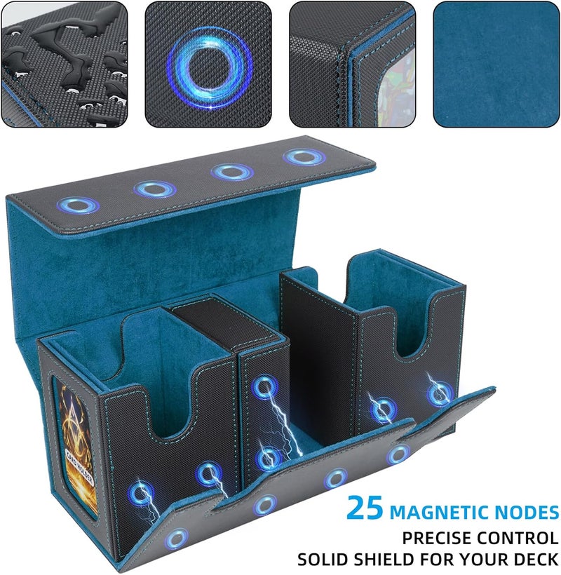 AFIING MTG Commander Card Storage Box - Fits 200 Double Sleeved Cards,3-in-1Card Deck Case,Strong Magnet Card Organizer For Magic Commander TCG CCG,4Dividers &2 Toploaders, Black/Cyan - Image 5